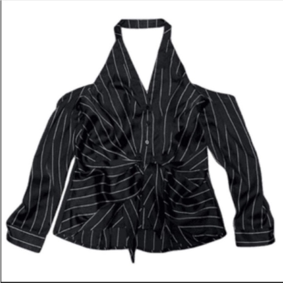 Lulumari cold shoulder halter long sleeves waist tie striped tuxedo top. Small. - Picture 2 of 3